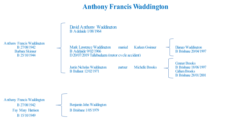 David Anthony Waddington B Adelaide 1/08/1964 Anthony Francis Waddington B 27/08/1942 Mark Lawrence Waddington married Karleen Gwinner Django Waddington Barbara Skinner B Adelaide 9/02/1966  B Brisbane 20/04/1997 B 25/10/1944 D 20/07/2019 Tallebudgera (motor cycle accident) Connor Brooks Justin Nicholas Waddington partner Michelle Brooks B Brisbane 18/06/1997 B Ballarat 12/02/1971 Callum Brooks B Brisbane 28/01/2001 Anthony Francis Waddington B 27/08/1942 Fay Mary Harrison B Brisbane 1/05/1979 B 15/10/1949 Benjamin John Waddington Anthony Francis Waddington